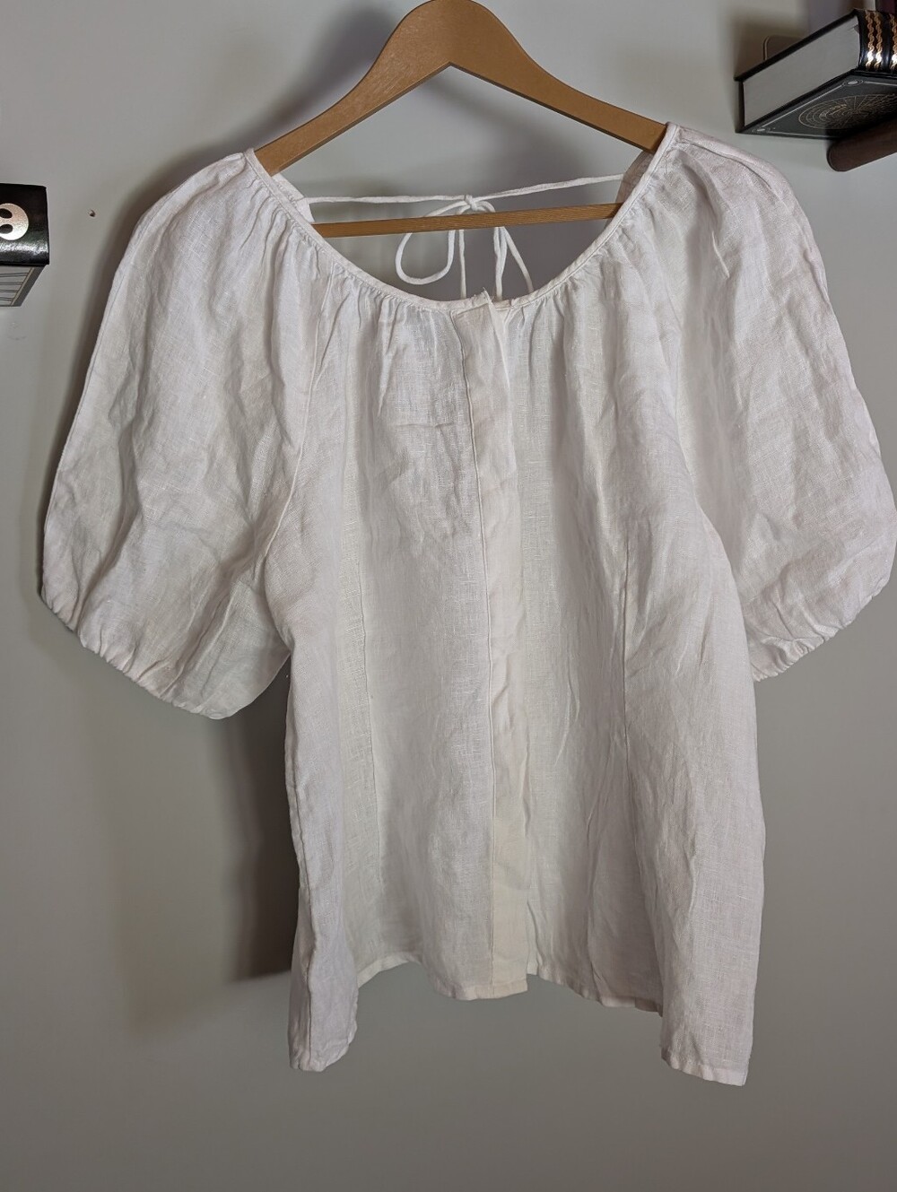 J Crew NWT 100% Linen Button Down Puff Sleeve Tie Back Top - Size 12